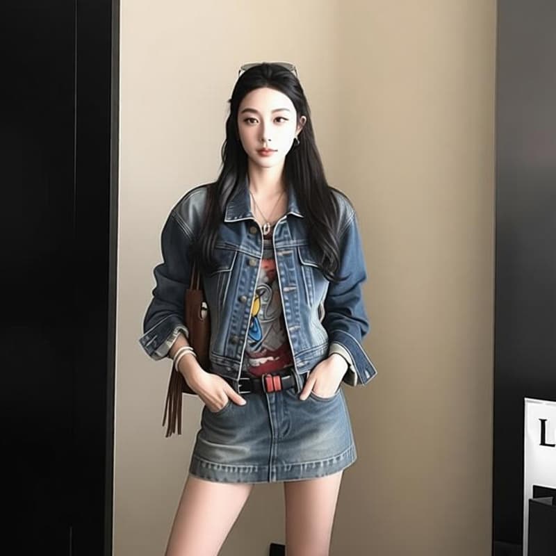 지구 Ouyang 펀 훌륭함 비율 likejenni 핫걸 苾 입력 튀김 소금 워싱 블루 쇼트 스타일 데님 재킷 상세 이미지 6