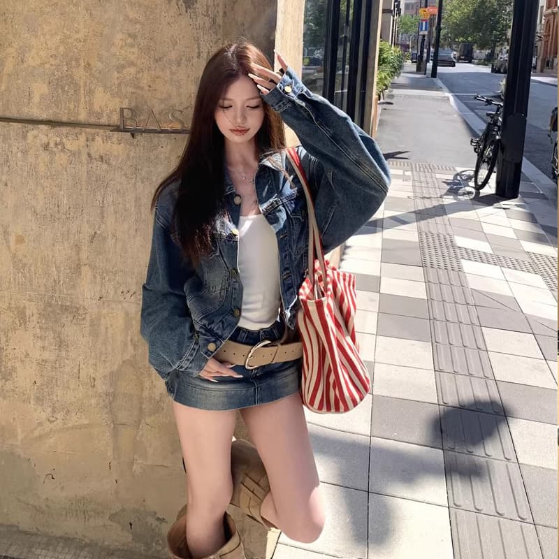 지구 Ouyang 펀 훌륭함 비율 likejenni 핫걸 苾 입력 튀김 소금 워싱 블루 쇼트 스타일 데님 재킷 상세 이미지 8