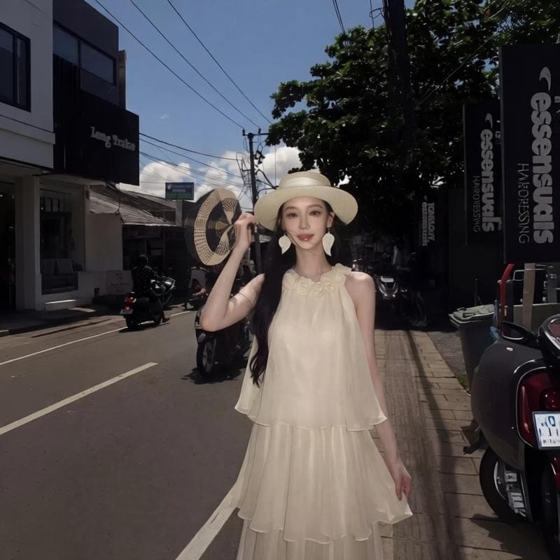 바이위란 새 봄 프랑스식 휴가 바람 명문 여성 천 골드 쉬폰 케이크 드레스 품격 민소매 행침 목 드레스 여름 상세 이미지 6