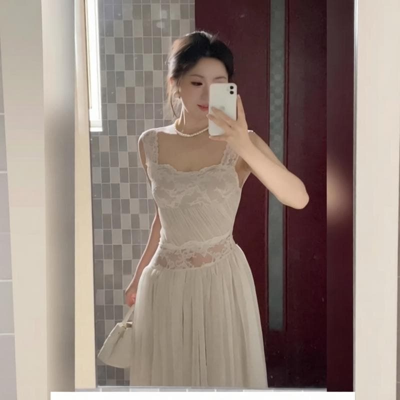 프랑스식 화이트 레이스 슬립 여성 드레스 여름 해변가 휴가 자이언트 잘 생긴 품격 몸매 가꾸기 백리스 길다 치마 상세 이미지 3