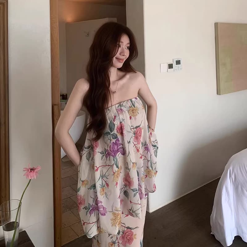 모네 정원 여름 휴가 바람 레트로 꽃무늬 튜브탑 물고기 꼬리표 반 치마 세트 여성 슈퍼 잘 생긴 투피스 세트 이미지 4