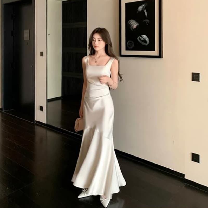 화이트 새틴 슬립 예복 여성 여름 인어 꼬리 참여 연회 학습 생일 졸업 드레스 신부 들러리 서비스 롱 코트 이미지 4