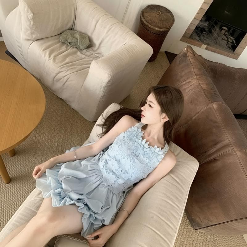 q 여자 집 6 10 떠 다니는 꽃 블루 黛 무거운 작업 3 차원 꽃 바다 소금 블루 해체 패치워크 민소매 몸매 가꾸기 꽃밭 드레스 상세 이미지 3