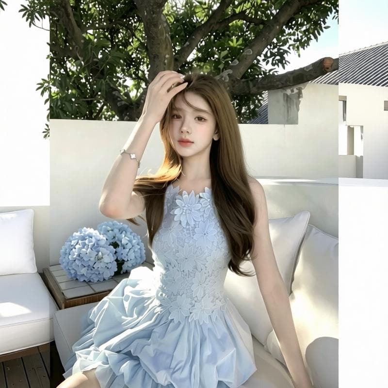 q 여자 집 6 10 떠 다니는 꽃 블루 黛 무거운 작업 3 차원 꽃 바다 소금 블루 해체 패치워크 민소매 몸매 가꾸기 꽃밭 드레스 상세 이미지 5