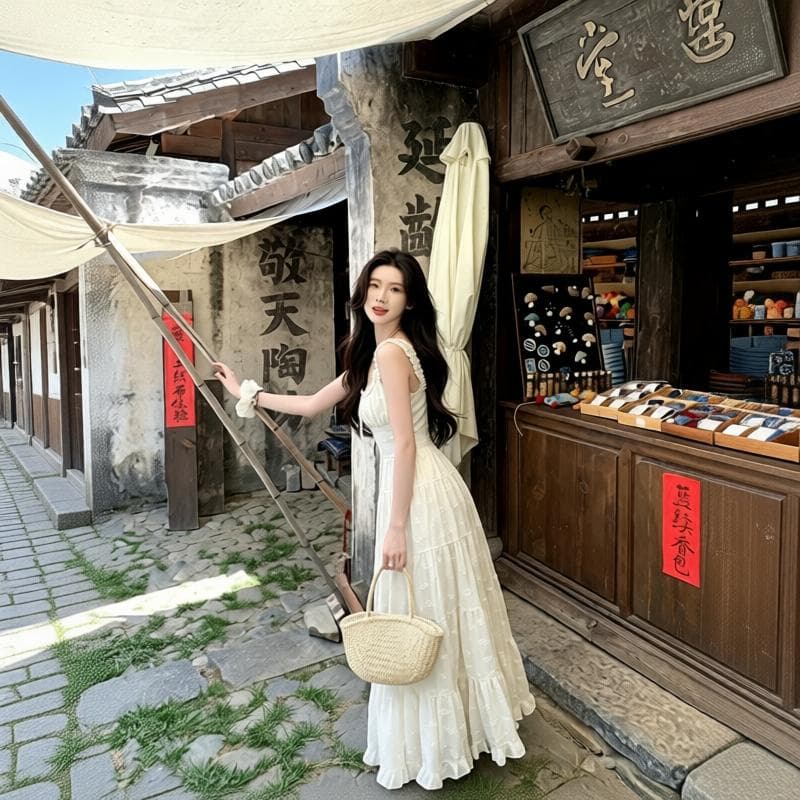 하나 달콤한 복숭아 yikett 모 Na 매너 여름 꼬집기 허리 슬립 여성 드레스 화이트 해변가 딩 Da 서울 치마 이미지 4