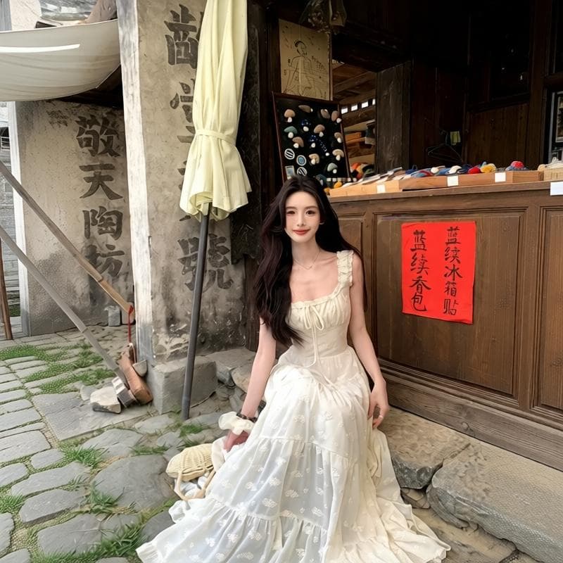하나 달콤한 복숭아 yikett 모 Na 매너 여름 꼬집기 허리 슬립 여성 드레스 화이트 해변가 딩 Da 서울 치마 이미지 2