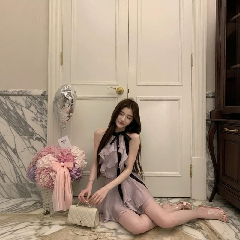 yiyiwang 얼음 포도 웨이브 새틴 바이올렛 배색 프릴 나비 매듭 민소매 맨위 반신 스커트 상세 이미지 2