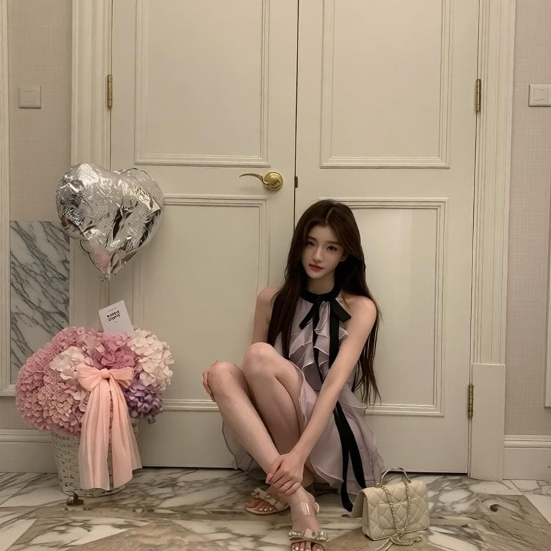 yiyiwang 얼음 포도 웨이브 새틴 바이올렛 배색 프릴 나비 매듭 민소매 맨위 반신 스커트 상세 이미지 4
