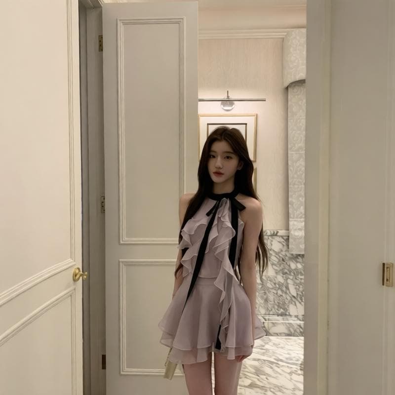 yiyiwang 얼음 포도 웨이브 새틴 바이올렛 배색 프릴 나비 매듭 민소매 맨위 반신 스커트 상세 이미지 5