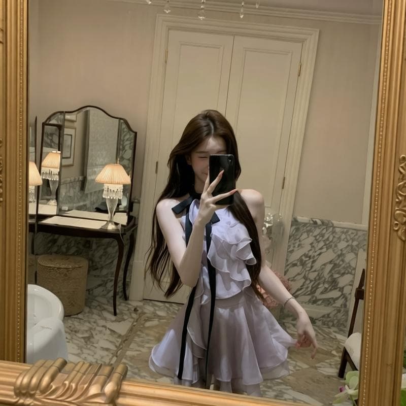 yiyiwang 얼음 포도 웨이브 새틴 바이올렛 배색 프릴 나비 매듭 민소매 맨위 반신 스커트 이미지 4