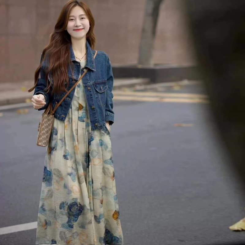 가을 의상 코디 전체 집합 한 부서 출퇴근 착용 가져 가라. 레트로 데님 재킷 잉크 페인팅 꽃무늬 드레스 투피스 세트 이미지 3