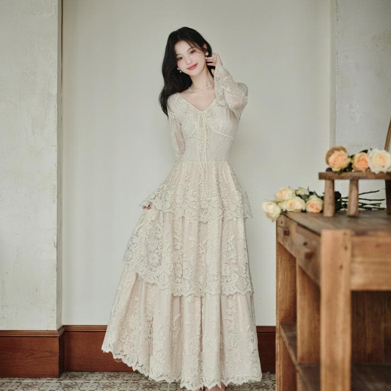 고유 한 슈퍼 잘 생긴 ~ 중 드레스 프랑스식 무거운 작업 레이스 케이크 롱 스커트 여성 가을 겨울 새로운 품격 V넥 치마 이미지 5