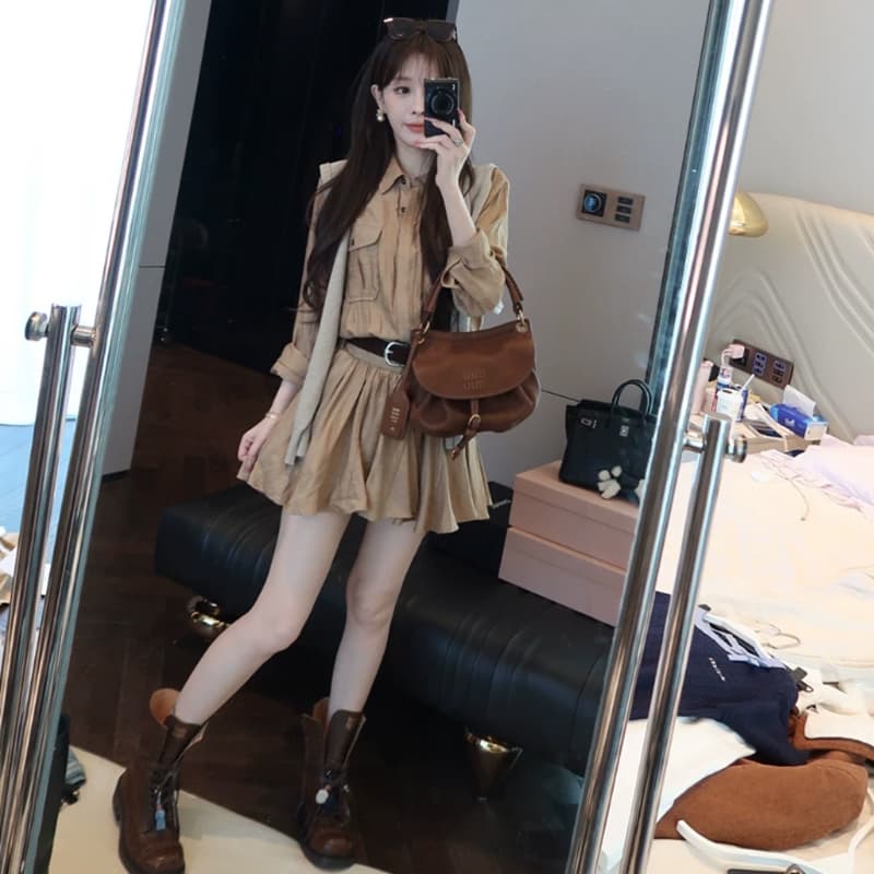 수영하다 사슴 사슴 고급 센스 그는 벤 바람 아마 허리 수축 슬림해 보이는 여성 드레스 가을 26 슈퍼 화재 새로운 품격 워크웨어 치마 이미지 5