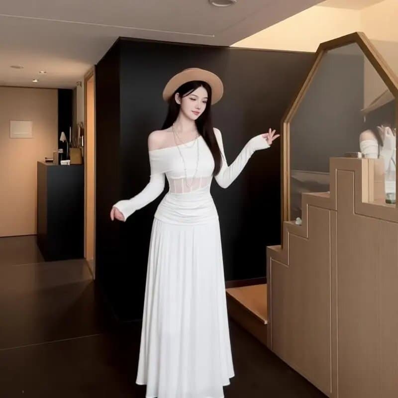 봄 세트 여성 디자인 센스 오프숄더 홀로우 아웃 레이스 주름 기본 셔츠 맨위 반신 스커트 두 조각 여성 세트 상세 이미지 4