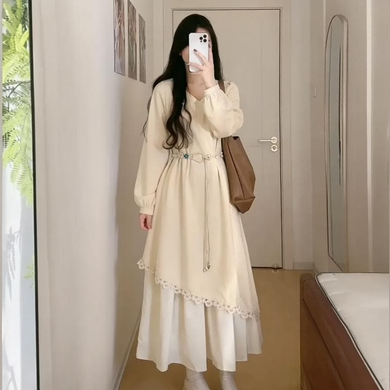페이크 레이어드 황색 V넥 긍정적 인 어깨 긴팔 드레스 2026 가을 새로운 빅 사이즈 지방 mm 비즈 허리 수축 치마 이미지 2