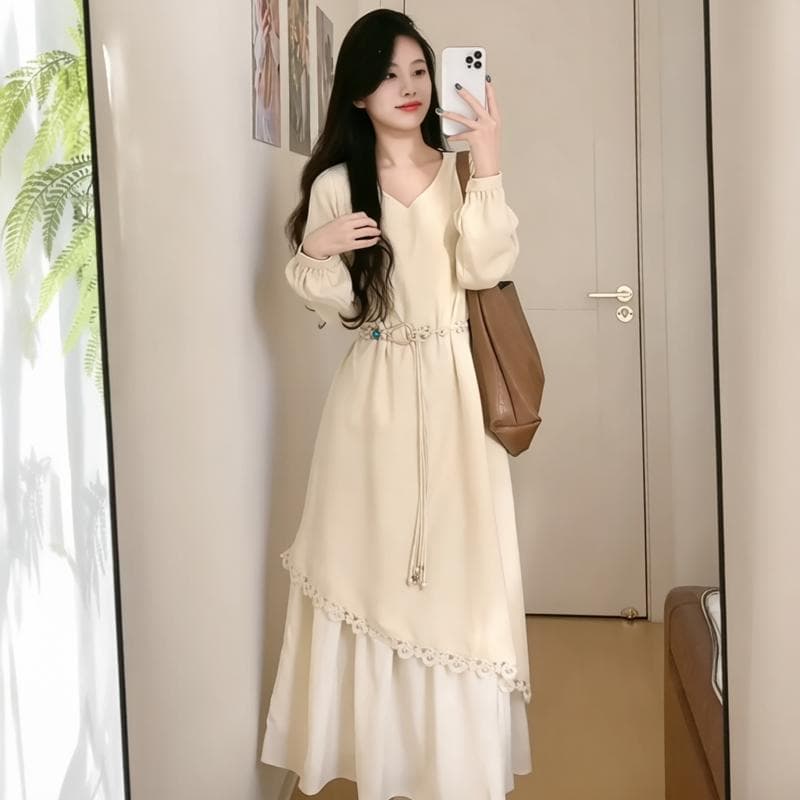 페이크 레이어드 황색 V넥 긍정적 인 어깨 긴팔 드레스 2026 가을 새로운 빅 사이즈 지방 mm 비즈 허리 수축 치마 이미지 4