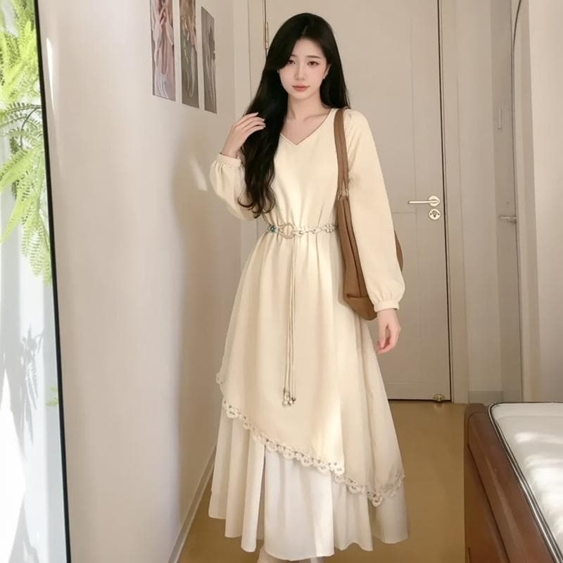 페이크 레이어드 황색 V넥 긍정적 인 어깨 긴팔 드레스 2026 가을 새로운 빅 사이즈 지방 mm 비즈 허리 수축 치마 이미지 3