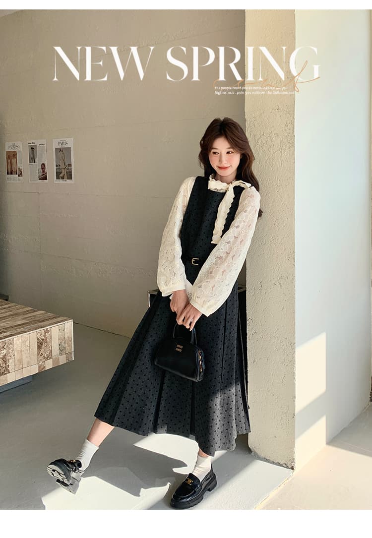 프랑스식 고급 센스 회색 도트 무늬 점프 슈트 치마 세트 여성 2026 봄 새로운 레이스 셔츠 조끼 스커트 투피스 세트 상세 이미지 5