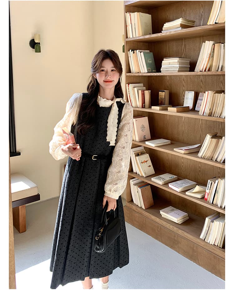 프랑스식 고급 센스 회색 도트 무늬 점프 슈트 치마 세트 여성 2026 봄 새로운 레이스 셔츠 조끼 스커트 투피스 세트 상세 이미지 13