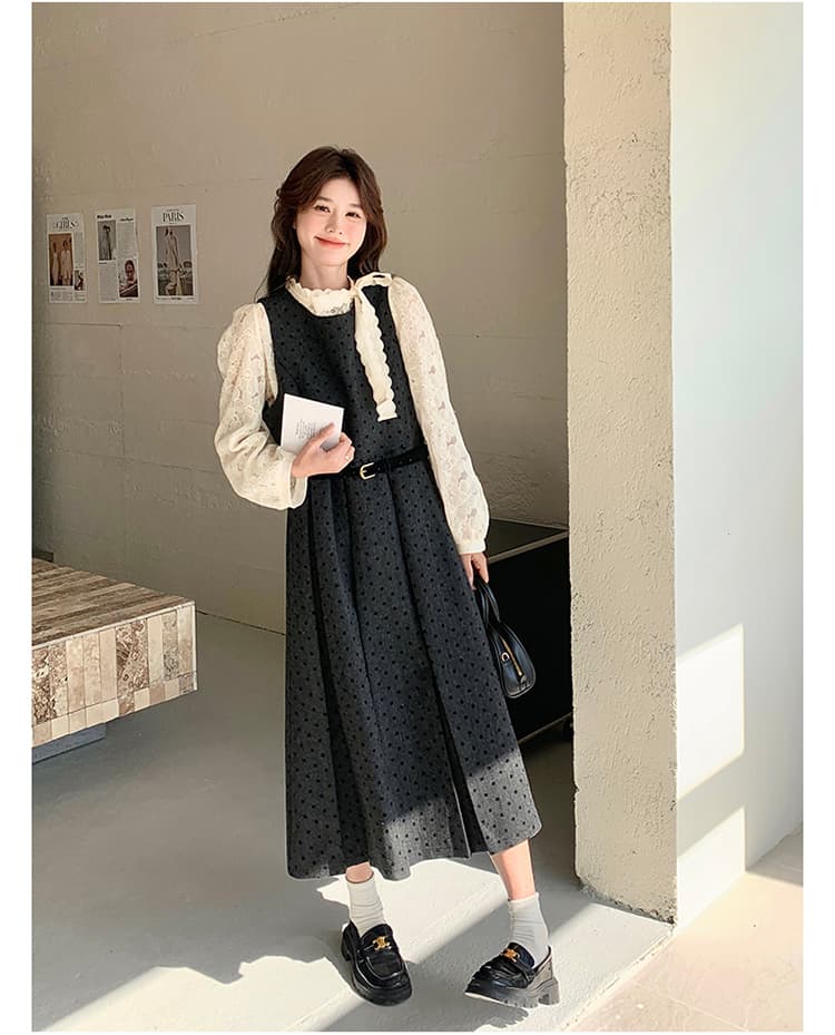 프랑스식 고급 센스 회색 도트 무늬 점프 슈트 치마 세트 여성 2026 봄 새로운 레이스 셔츠 조끼 스커트 투피스 세트 상세 이미지 18