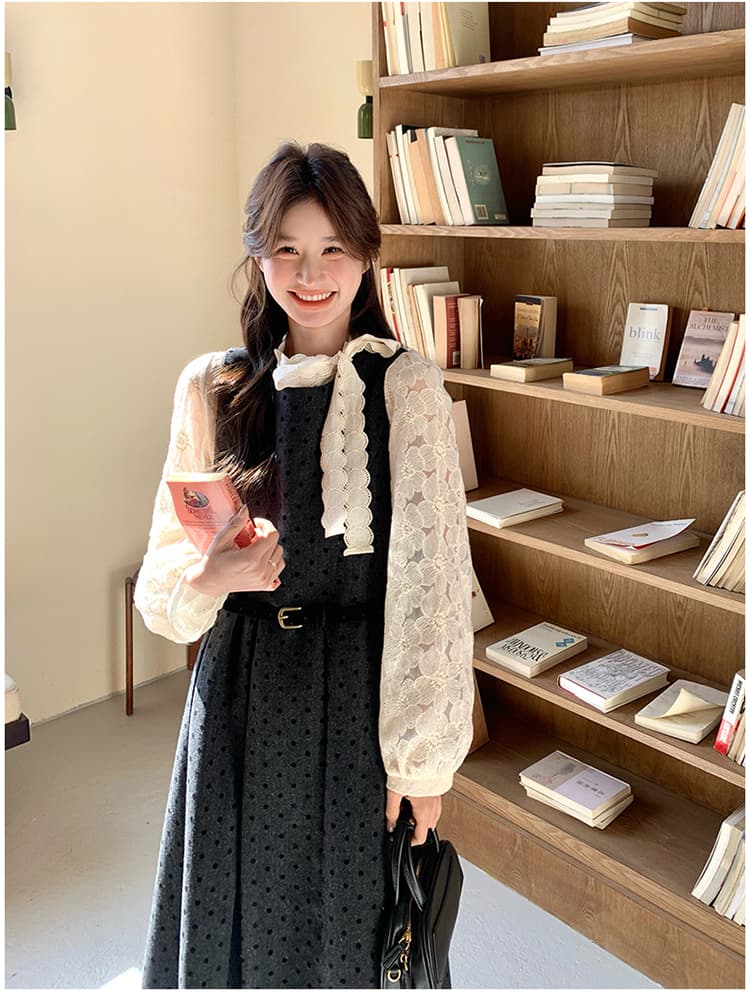 프랑스식 고급 센스 회색 도트 무늬 점프 슈트 치마 세트 여성 2026 봄 새로운 레이스 셔츠 조끼 스커트 투피스 세트 상세 이미지 25