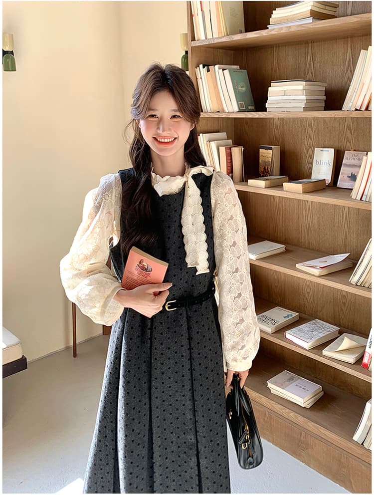 프랑스식 고급 센스 회색 도트 무늬 점프 슈트 치마 세트 여성 2026 봄 새로운 레이스 셔츠 조끼 스커트 투피스 세트 상세 이미지 33