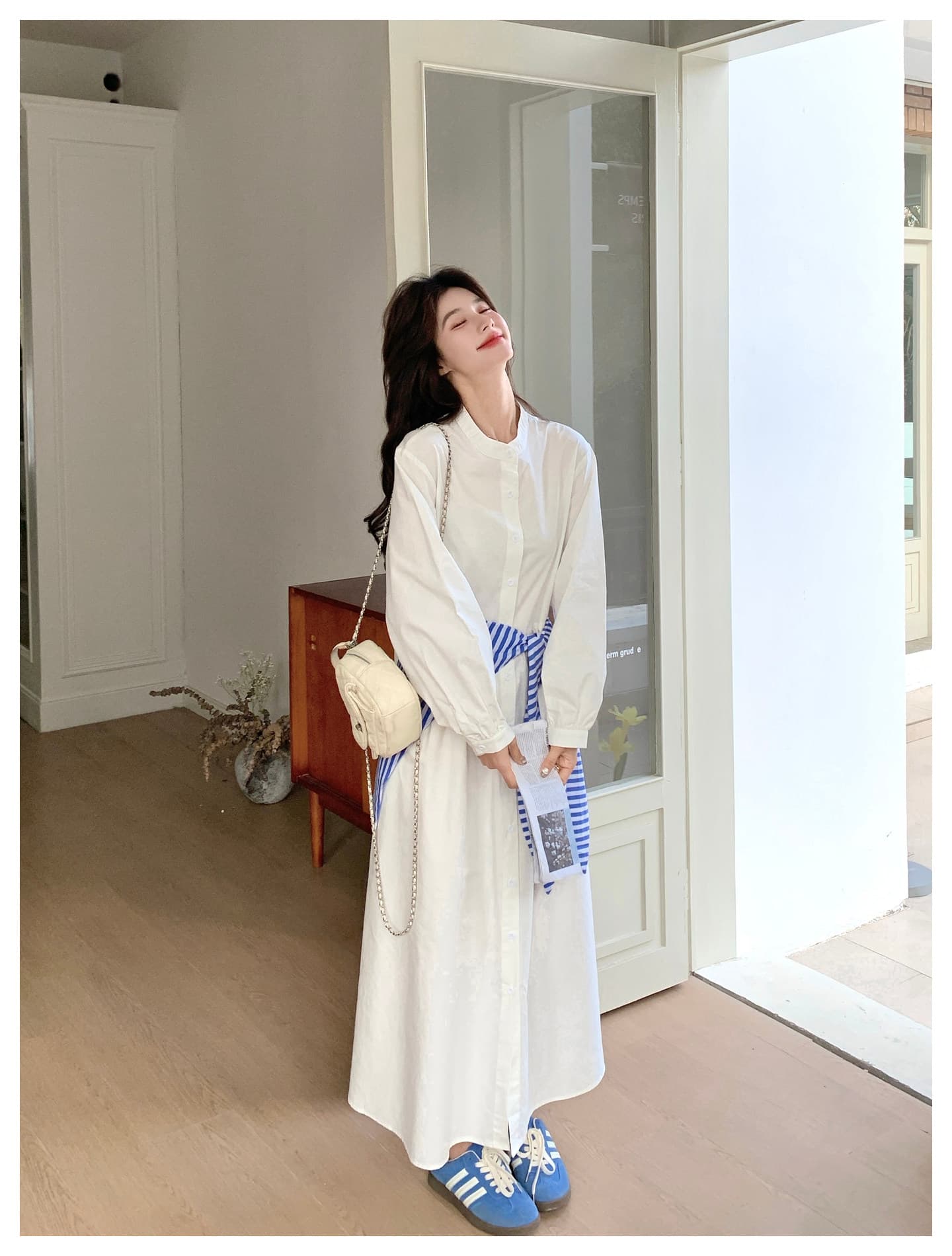 스트라이프 숄 화이트 긴팔 여성 드레스 이른 봄 2026 새로운 자이언트 잘 생긴 고급 센스 허리 수축 셔츠 롱 스커트 상세 이미지 15