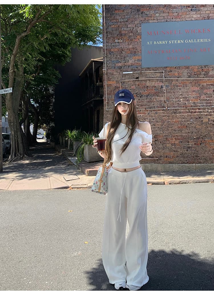 순수한 욕망 바람 비스듬한 칼라 오프숄더 반팔 티셔츠 여성 봄 패션 세트 루즈핏 넓은 다리 캐주얼 바지 화이트 투피스 세트 상세 이미지 7