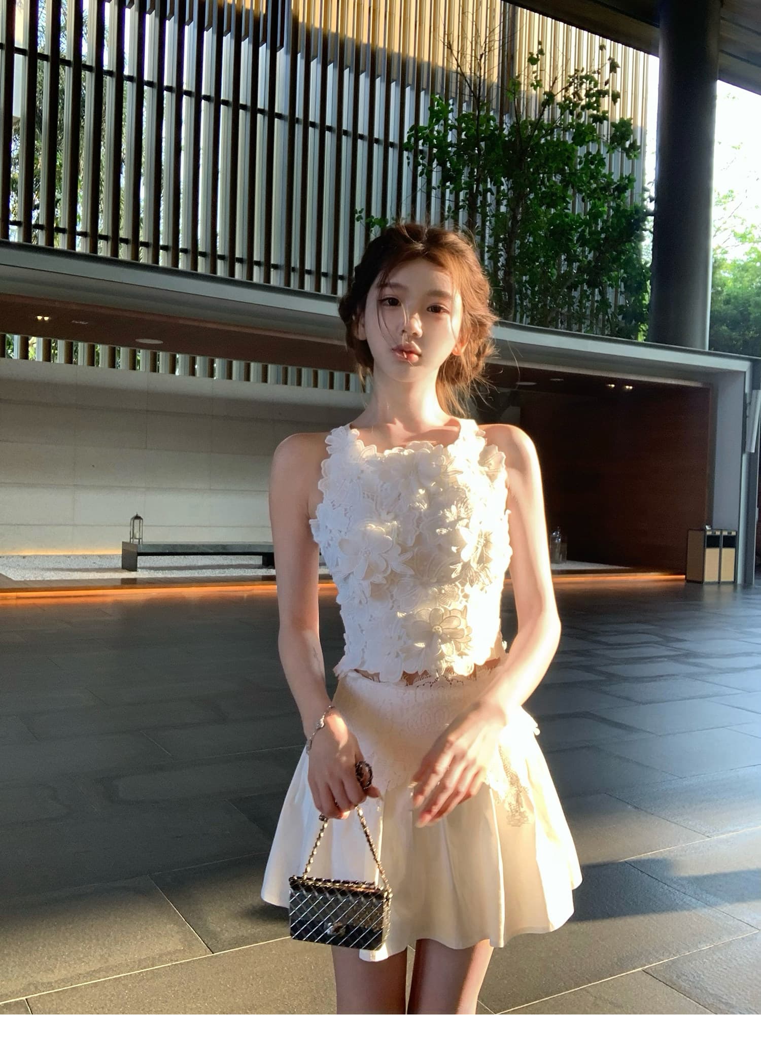 q 여자 집 쉬위안츠 정원 천 골드 센스 무거운 작업 3 차원 꽃 맨위 반 스커트 세트 상세 이미지 4