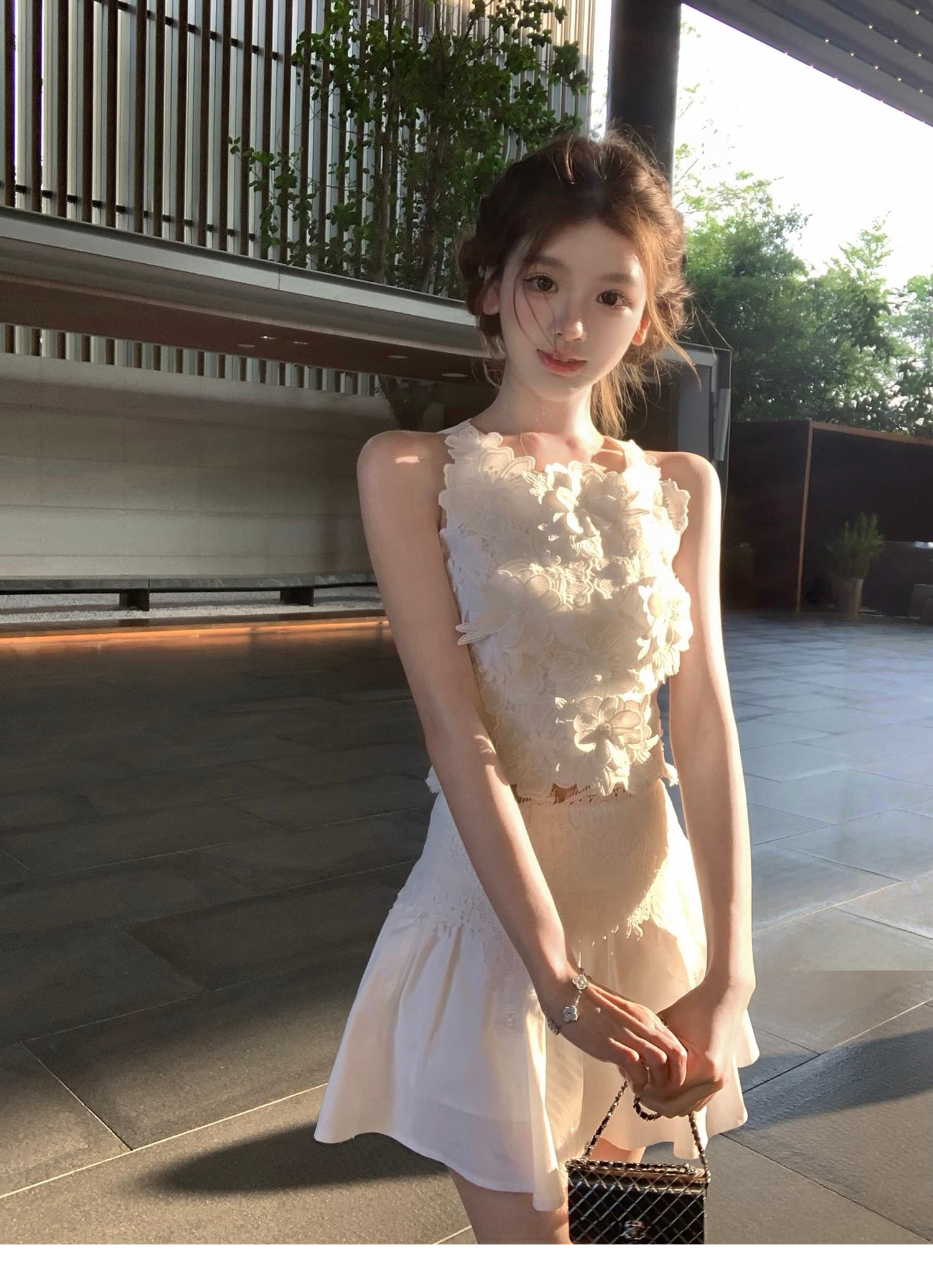 q 여자 집 쉬위안츠 정원 천 골드 센스 무거운 작업 3 차원 꽃 맨위 반 스커트 세트 상세 이미지 11