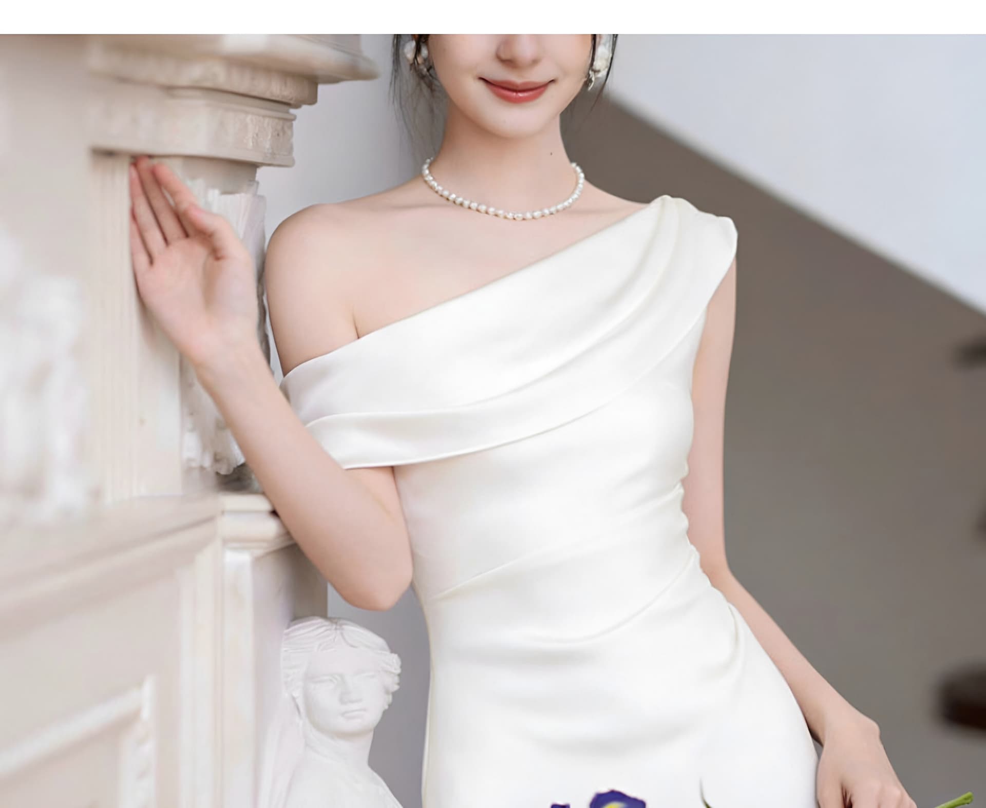 프랑스식 사회자 비스듬한 어깨 오프숄더 화이트 예복 생일 연례 회의 참여 드레스 아침 로브 라이센스 샤오 바이 치마 상세 이미지 9