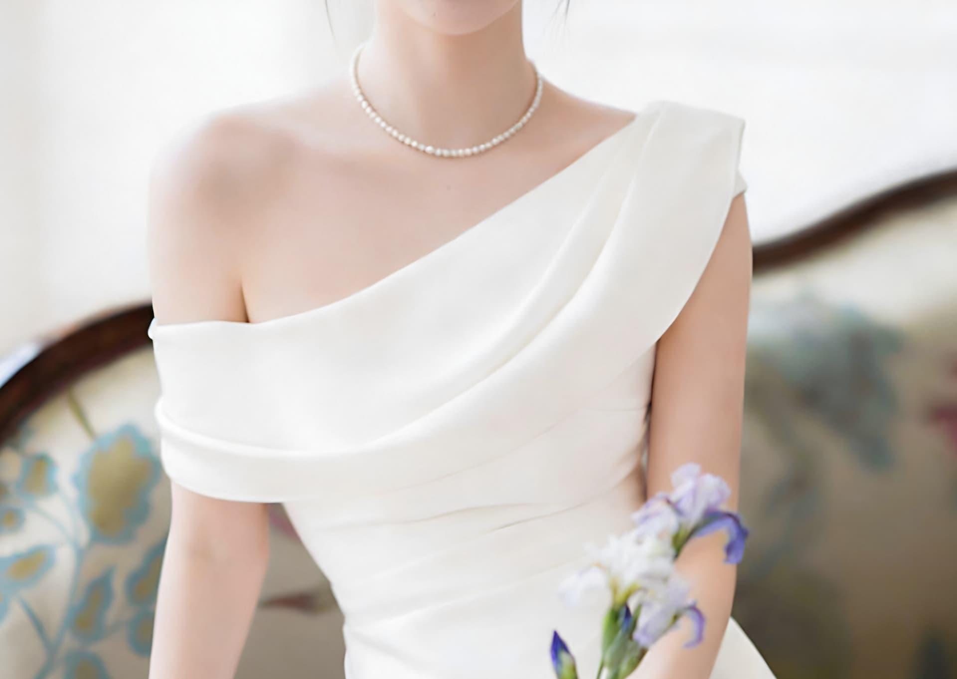 프랑스식 사회자 비스듬한 어깨 오프숄더 화이트 예복 생일 연례 회의 참여 드레스 아침 로브 라이센스 샤오 바이 치마 상세 이미지 29