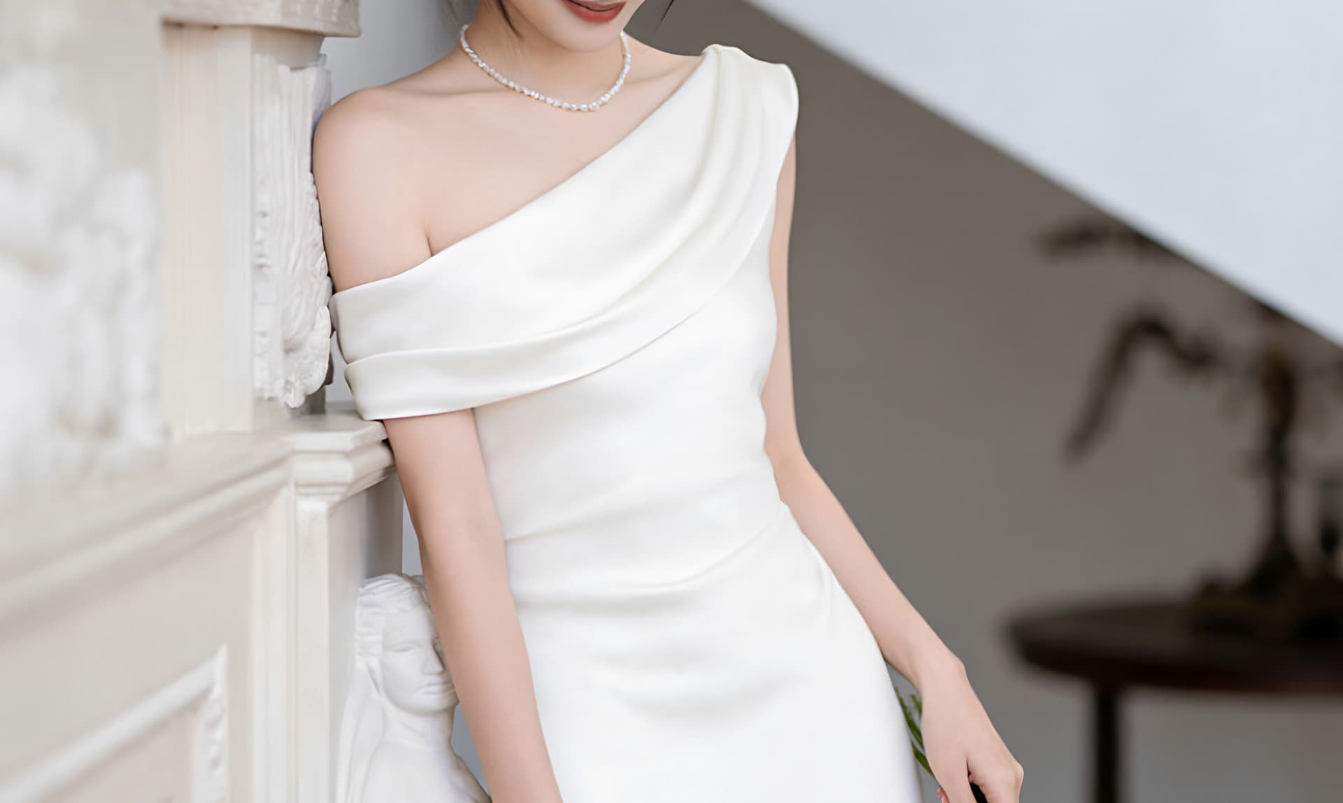 프랑스식 사회자 비스듬한 어깨 오프숄더 화이트 예복 생일 연례 회의 참여 드레스 아침 로브 라이센스 샤오 바이 치마 상세 이미지 32