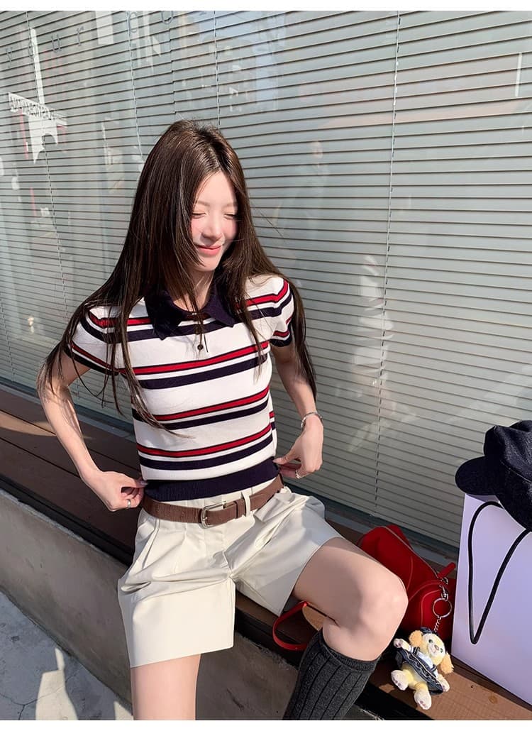 치아 세트 대 왕 miu 부서 polo 니트 스트라이프 POLO 셔츠 반팔 티셔츠 여성 긍정적 인 어깨 폴로 칼라 쇼트 스타일 맨위 상세 이미지 9
