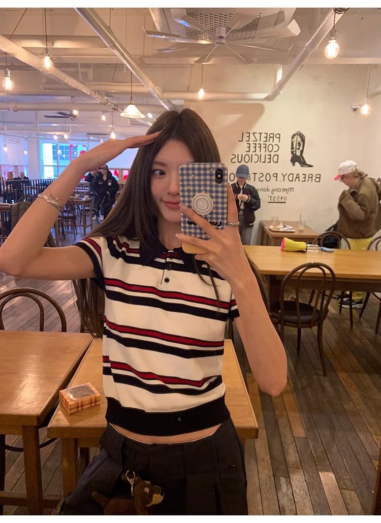 치아 세트 대 왕 miu 부서 polo 니트 스트라이프 POLO 셔츠 반팔 티셔츠 여성 긍정적 인 어깨 폴로 칼라 쇼트 스타일 맨위 상세 이미지 20