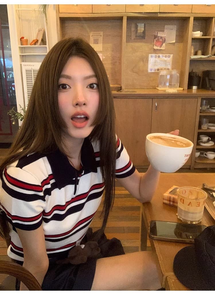 치아 세트 대 왕 miu 부서 polo 니트 스트라이프 POLO 셔츠 반팔 티셔츠 여성 긍정적 인 어깨 폴로 칼라 쇼트 스타일 맨위 상세 이미지 32