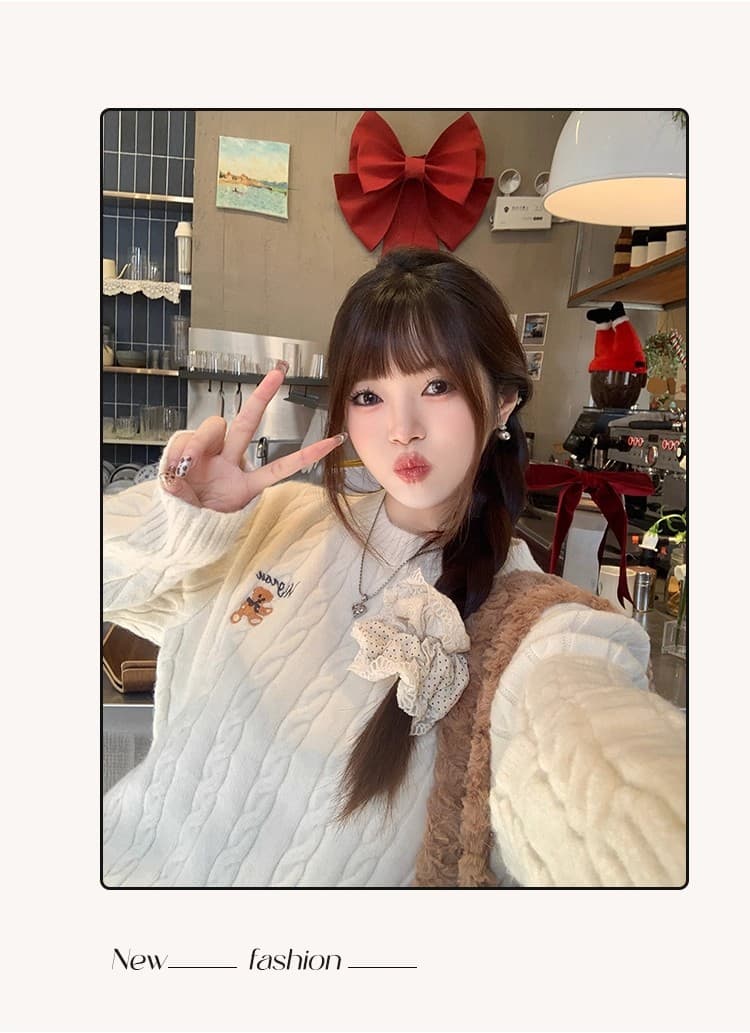 스와 3 3 빨간색 작은 곰 스웨터 여자 가을 겨울 고급 센스 2026 새로운 신년 착용 가져 가라. 부드러운 찹쌀 느긋한 바람 맨위 상세 이미지 17