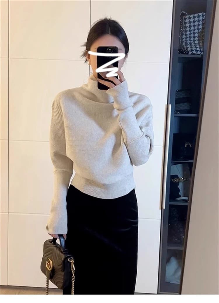 한 부서 느긋한 바람 반하이넥 스웨터 여자 가을 겨울 착용 가져 가라. 고급 센스 루즈핏 배트윙 소매 니트 스웨터 인사이드 잡아라. 의류 상세 이미지 2