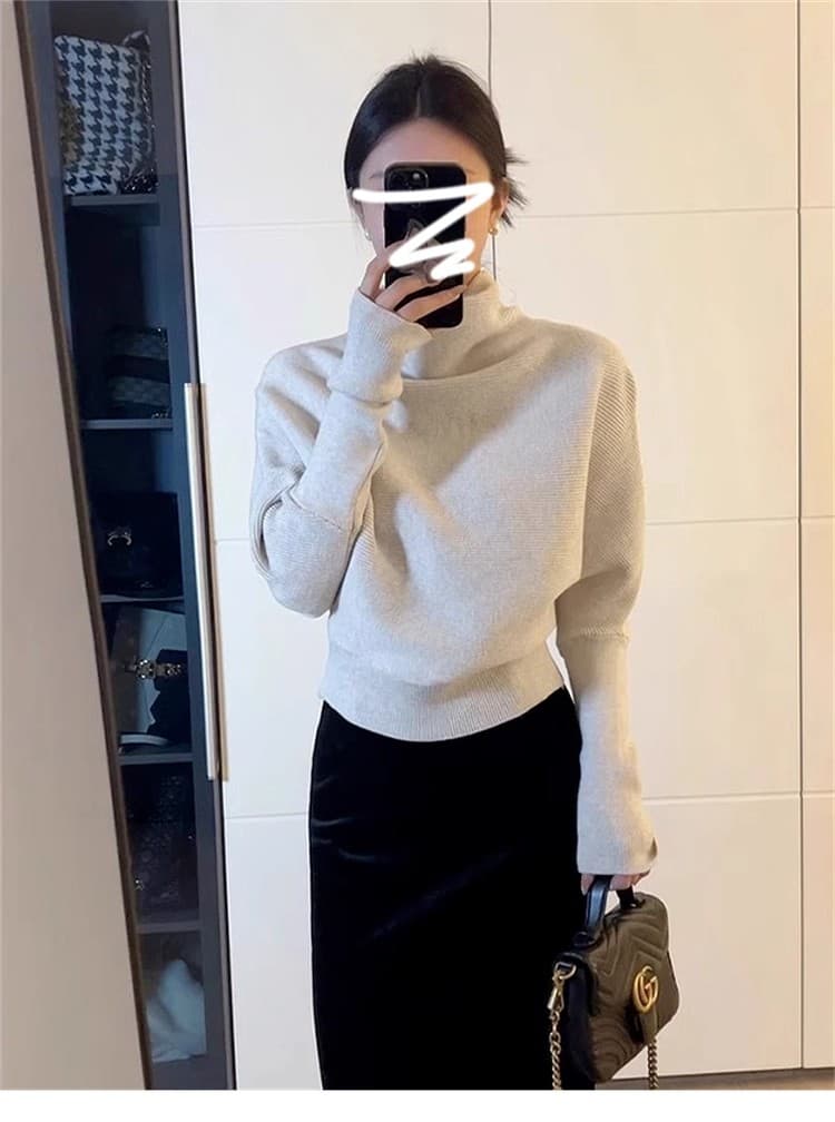 한 부서 느긋한 바람 반하이넥 스웨터 여자 가을 겨울 착용 가져 가라. 고급 센스 루즈핏 배트윙 소매 니트 스웨터 인사이드 잡아라. 의류 상세 이미지 4