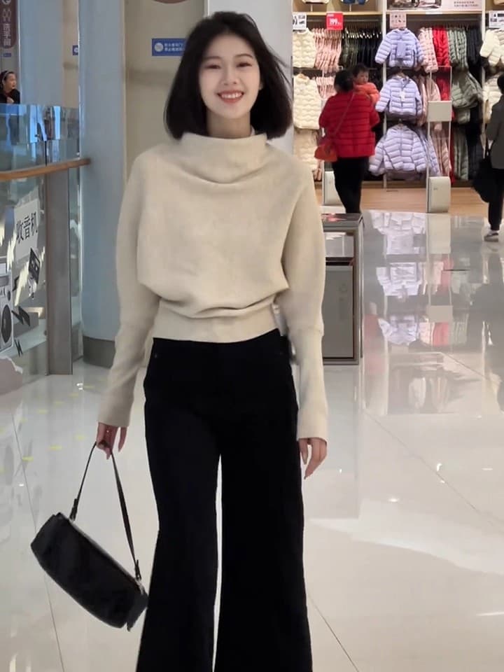 한 부서 느긋한 바람 반하이넥 스웨터 여자 가을 겨울 착용 가져 가라. 고급 센스 루즈핏 배트윙 소매 니트 스웨터 인사이드 잡아라. 의류 상세 이미지 7