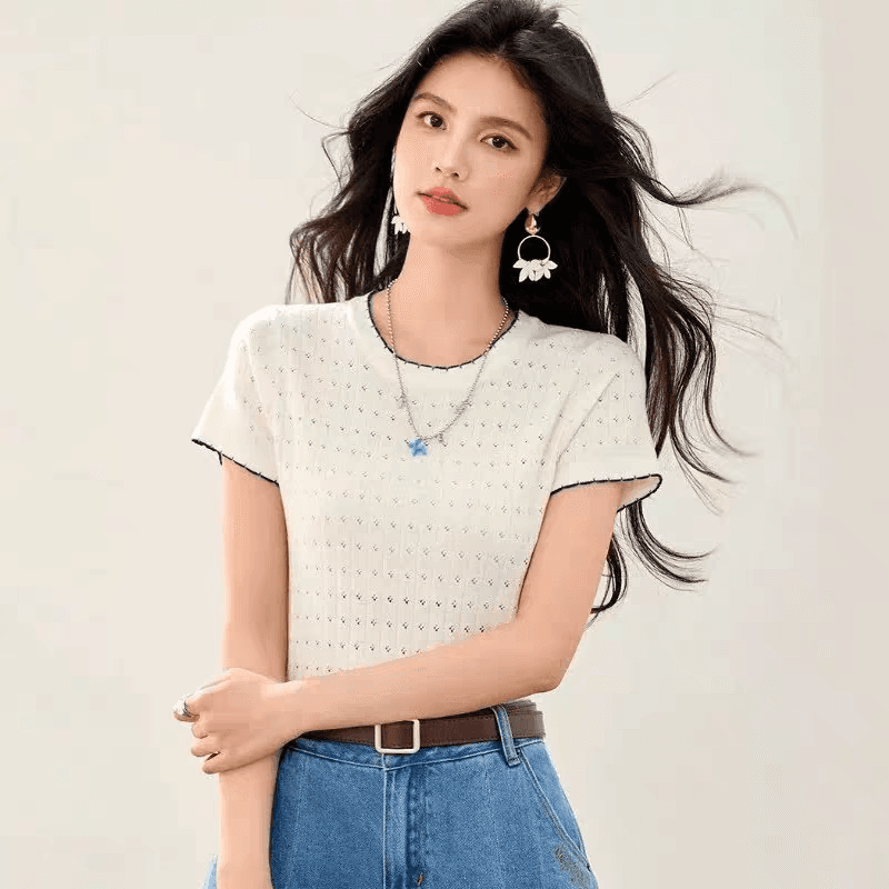 디자인 센스 라운드 넥 홀로우 아웃 2026 여름 새로운 다용도 작은 날다 소매 얼음 실크 티셔츠 여성 얇은 스타일 루즈핏 니트 상세 이미지 9