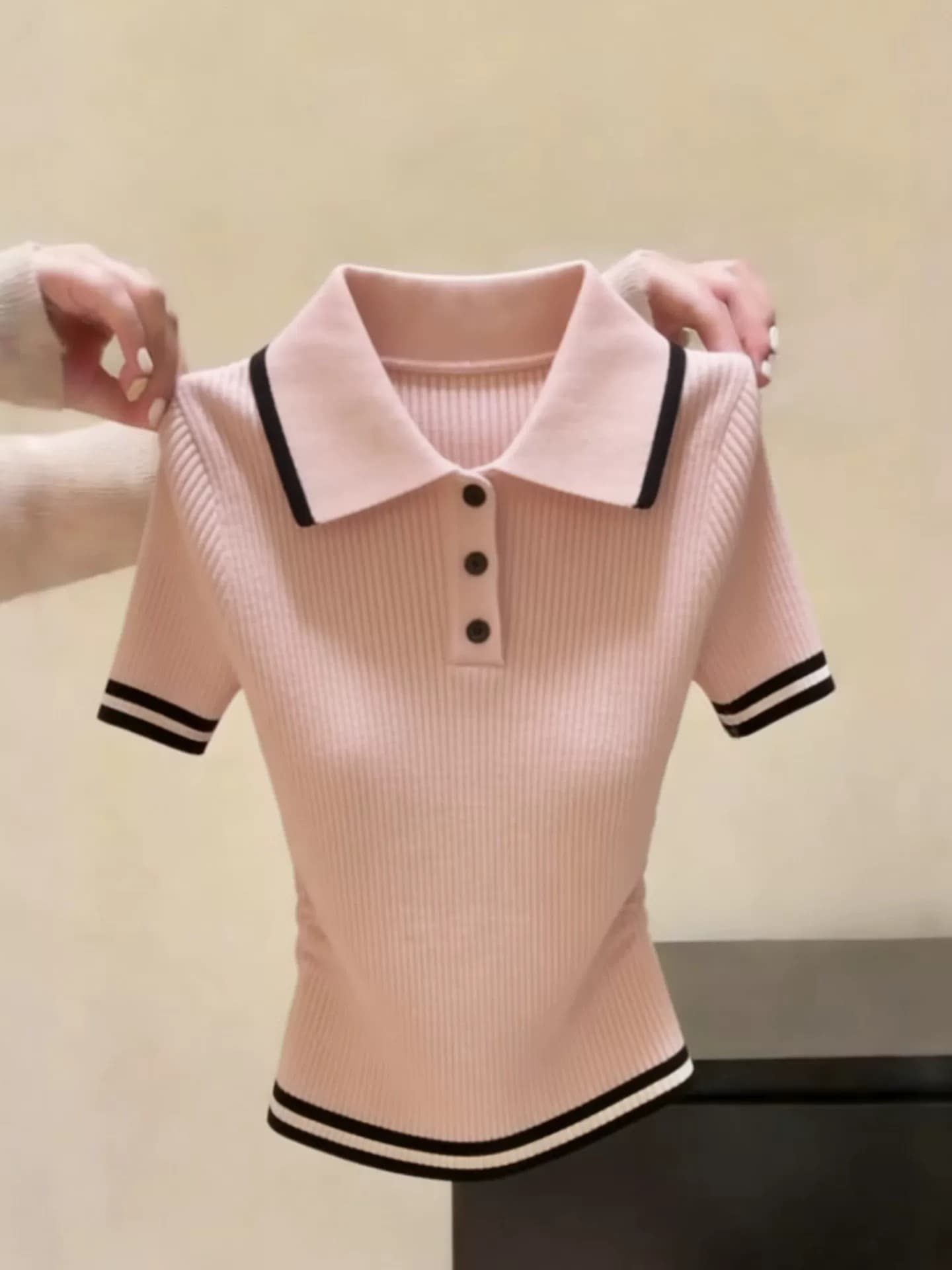 lym studio 달콤한 스타일 POLO 칼라 배색 스트라이프 니트 반팔 티셔츠 몸매 가꾸기 작은 키 몸매 가꾸기 맨위 상세 이미지 5