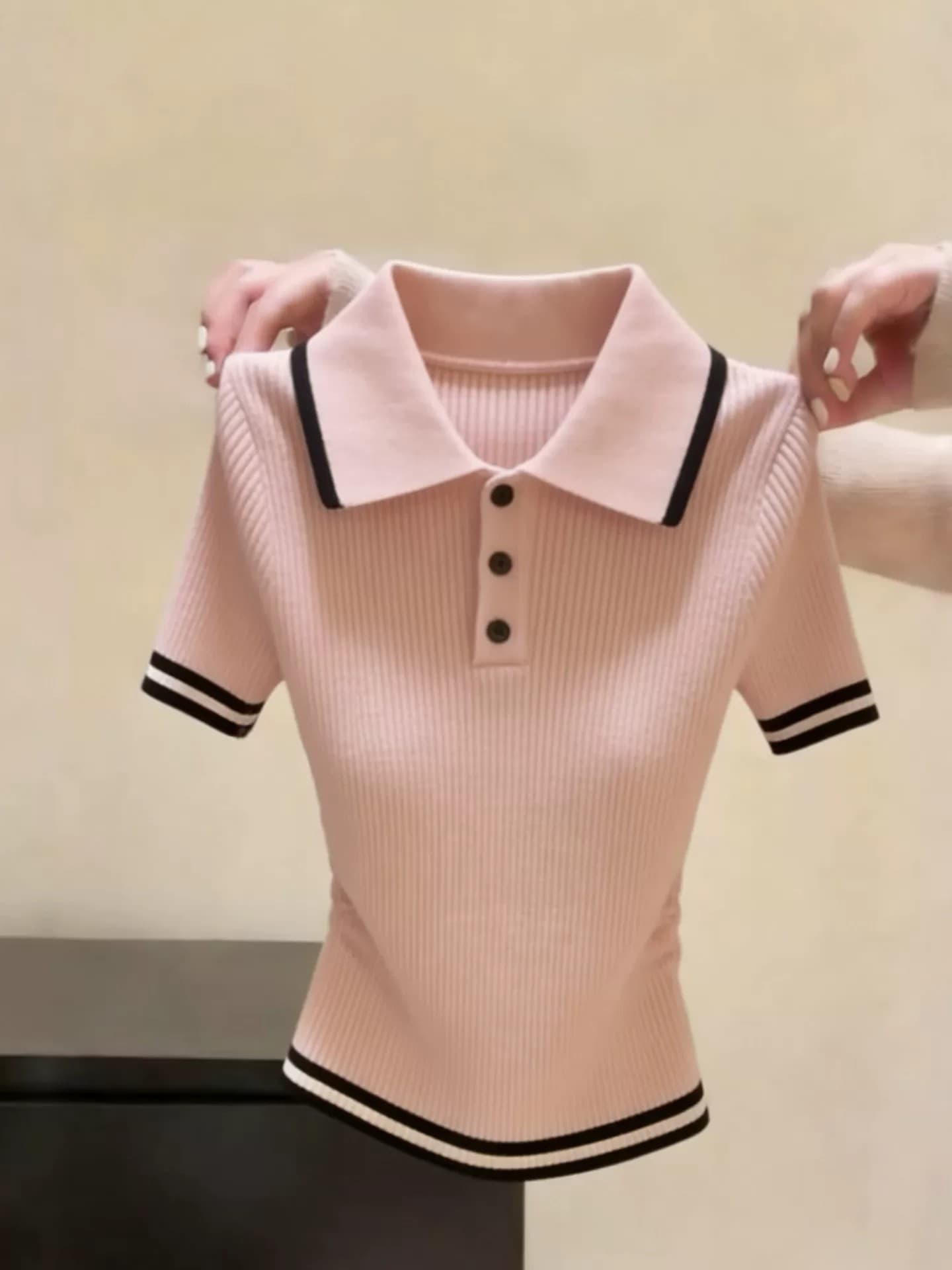 lym studio 달콤한 스타일 POLO 칼라 배색 스트라이프 니트 반팔 티셔츠 몸매 가꾸기 작은 키 몸매 가꾸기 맨위 상세 이미지 6