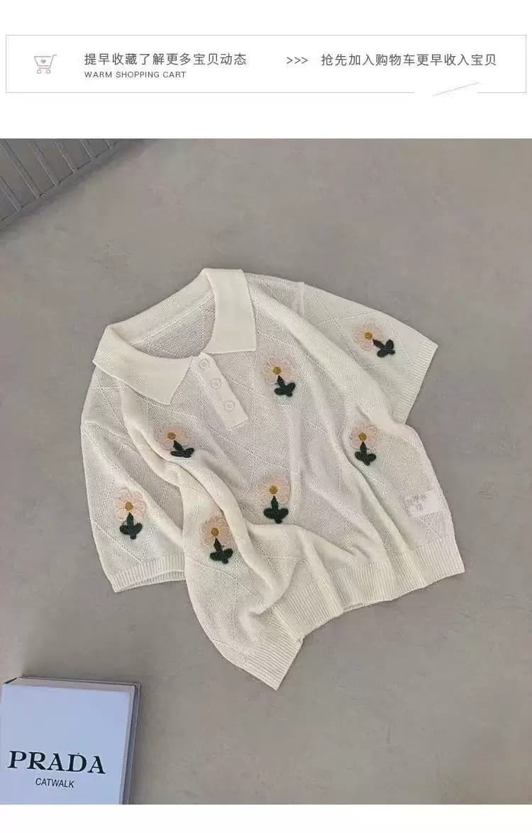 한 부서 POLO 칼라 니트 반팔 티셔츠 여성 2026 새로운 여름 꽃 자수 루즈핏 다용도 슬림해 보이는 맨위 상세 이미지 4