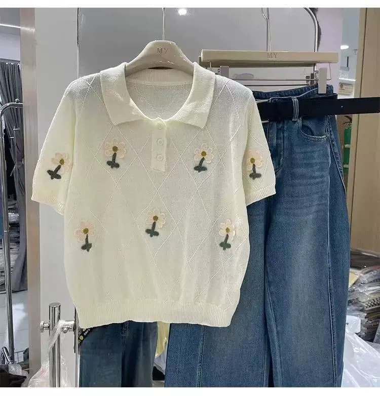 한 부서 POLO 칼라 니트 반팔 티셔츠 여성 2026 새로운 여름 꽃 자수 루즈핏 다용도 슬림해 보이는 맨위 상세 이미지 6