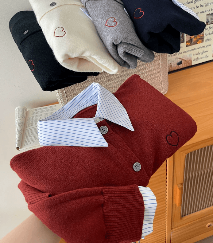 POLO 셔츠 스트라이프 칼라 패치워크 니트 페이크 레이어드 오픈 가디건 이른 가을 스택 착용 재킷 하트 자수 캐주얼 섹션 맨위 상세 이미지 2