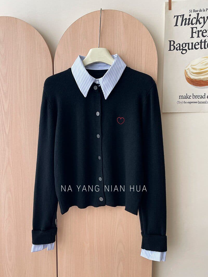 POLO 셔츠 스트라이프 칼라 패치워크 니트 페이크 레이어드 오픈 가디건 이른 가을 스택 착용 재킷 하트 자수 캐주얼 섹션 맨위 상세 이미지 10