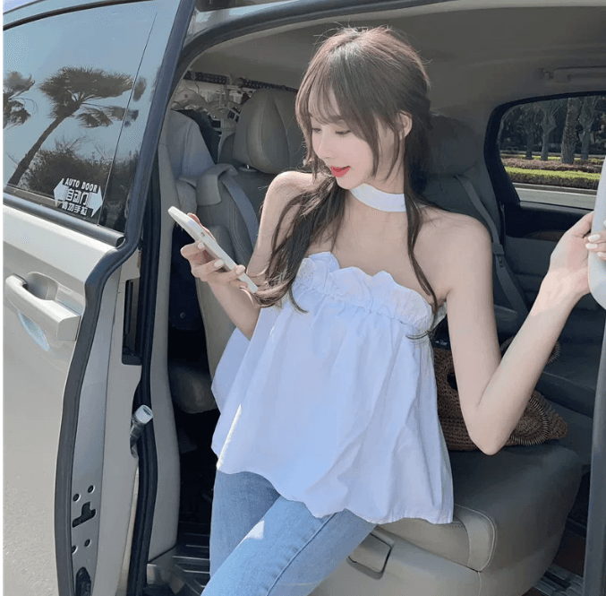 핑크색 행침 목 조끼 슬립 여성 여름 외출용 루즈핏 홀로우 아웃 오프숄더 백리스 쇄골 맨위 상세 이미지 29
