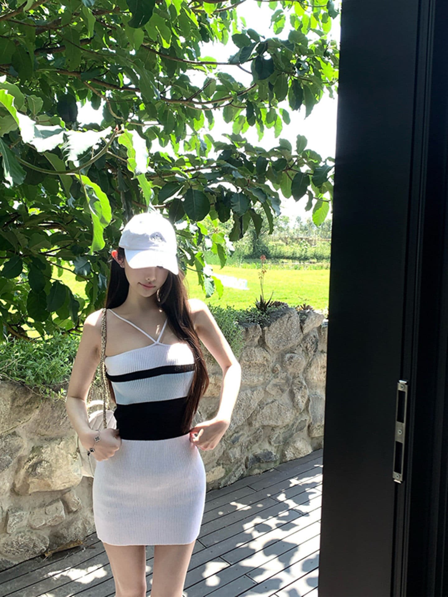 여름 모직물 몸매 가꾸기 슬림해 보이는 패치워크 색상 행침 목 니트 드레스 타이트 스커트 상세 이미지 12