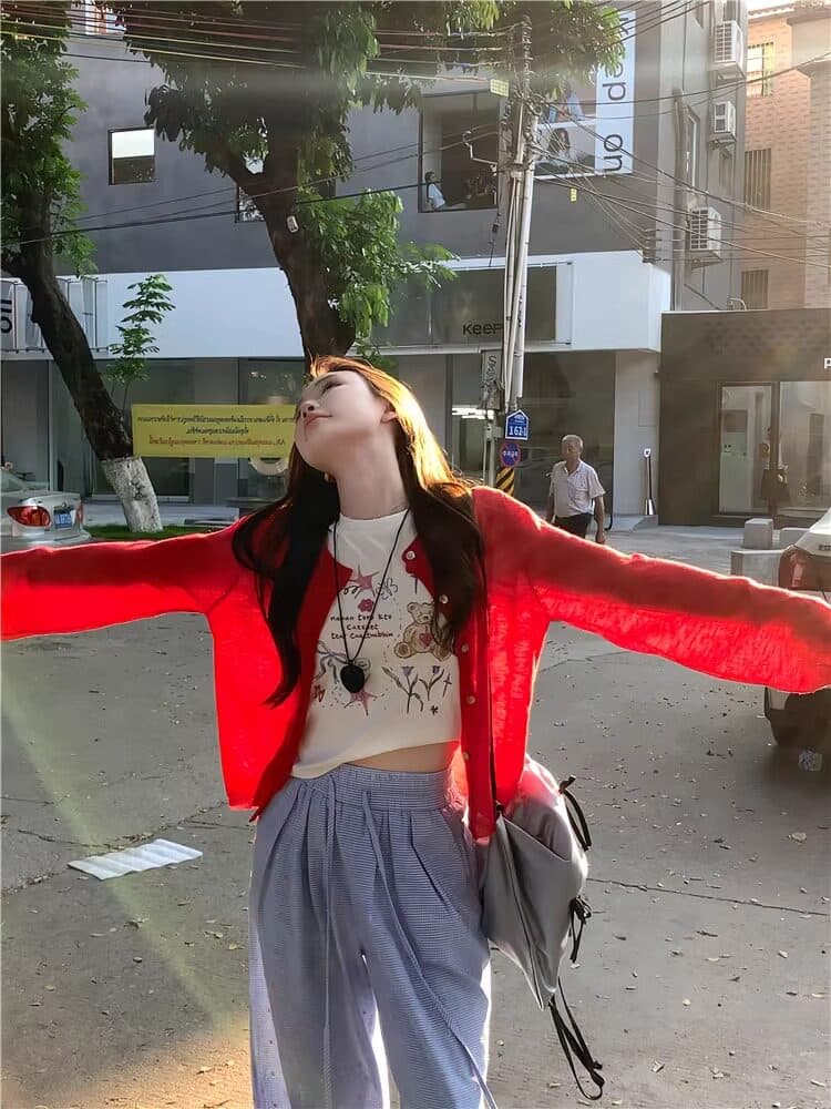 빨간색 얼음 실크 자외선 차단 오픈 가디건 여성 여름 얇은 스타일 외부 가져 가라. 니트 재킷 뒤로 나비 매듭 자수 에어컨 맨위 상세 이미지 5